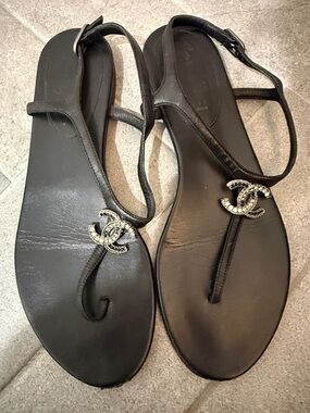 CHANEL Black Women's T-Strap Sandals with Crystal Logo Accent
